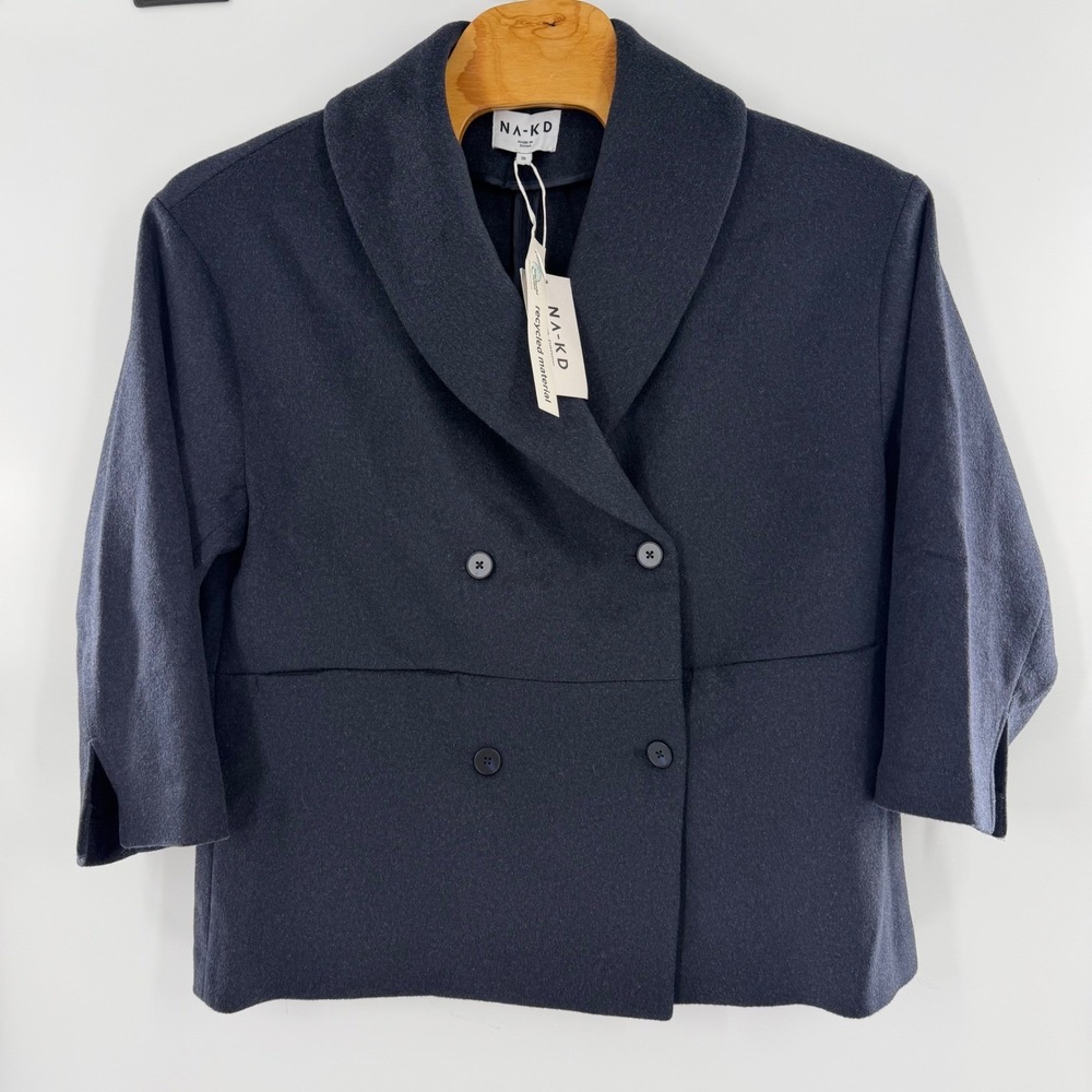 NA-KD Wool Blend Short Coat Navy Blue Double‎ Breasted Shawl Collar EU 36 NEW - Picture 10 of 11